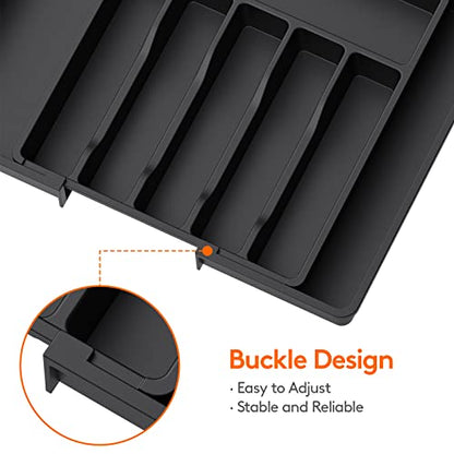  Silverware Drawer Organizer, Expandable Utensil Tray For Kitchen, Adjustable Flatware And Cutlery Holder, Compact Plastic Storage For Spoons Forks Knives, Large, Black