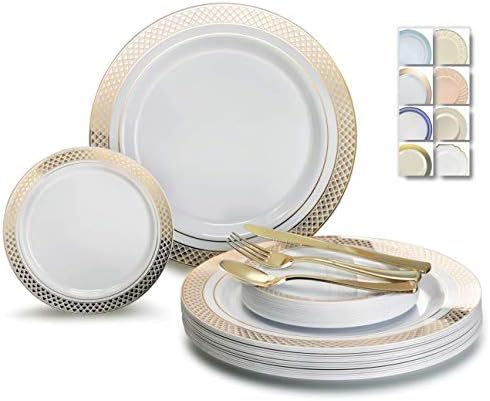  " OCCASIONS " 600 Pcs Set & 120 Guest Wedding Disposable Plastic Plate & Silverware Combo Set (Ivory & Gold Rim Plates, Gold Silverware)