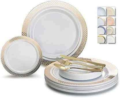  " OCCASIONS " 600 Pcs Set & 120 Guest Wedding Disposable Plastic Plate & Silverware Combo Set (Ivory & Gold Rim Plates, Gold Silverware)