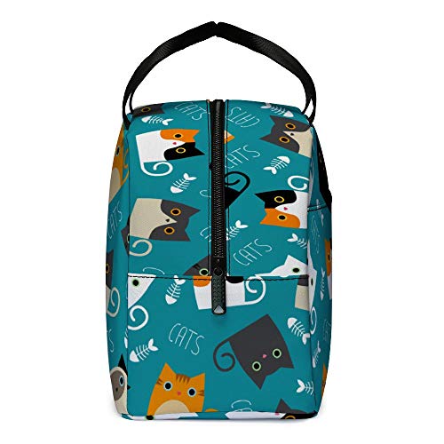  Lunch Bag, Cute Kids Reusable Cooler Lunch Tote Bag Insulated Leakproof Lunch Box Container With Front Pocket For Girls Boys School Work Picnic (Teal Cat)