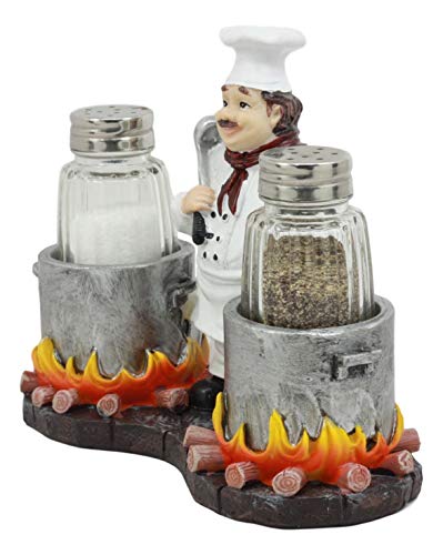  Bouillon French Chef Jean With Flaming Double Cauldron Pots Salt And Pepper Shakers Holder Figurine For Kitchen Dining Table Hosting Spice Rack Accessories Gift Ideas For Women Men Chefs Cooks