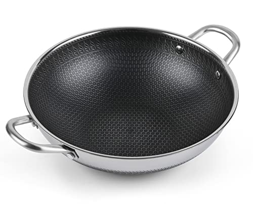  12.5” Wok Pan With Dual Honeycomb Wok Stainless Steel Wok Pan With Nonstick Coating, Frying Pans Cookware, Two Handles,Works With Induction ,Gas, Electric, Ceramic Furnace Stove, Without Lid