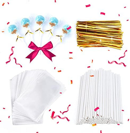  300 Pcs 6inch Lollipop Sticks, Cake Pop Lollipops, Chocolates And Cookies Bag Set Including 100 Parcel Bags, 100 Papery Treat Sticks, 100 Gold Twist Ties