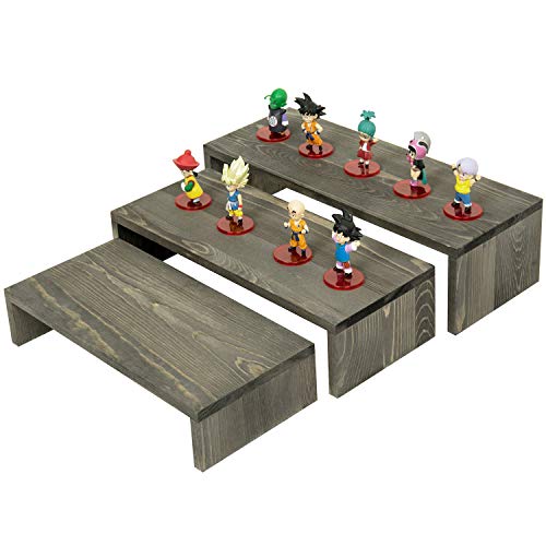  MyGift Rustic Wooden Display Stands, Set Of 3 - Vintage Gray Solid Wood Nesting Retail Riser Stands For Desserts, Collectibles And Figurines