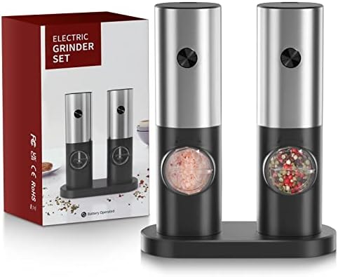  Lectric Salt And Pepper Grinder Set, EAGMAK Battery Powered Automatic 70ml Pepper Mill Grinders, Stainless Steel Electronic Mill Shakers With Adjustable Coarseness, LED Light & Storage Base (2 Pack)
