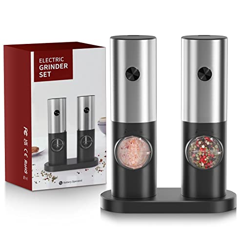  Lectric Salt And Pepper Grinder Set, EAGMAK Battery Powered Automatic 70ml Pepper Mill Grinders, Stainless Steel Electronic Mill Shakers With Adjustable Coarseness, LED Light & Storage Base (2 Pack)
