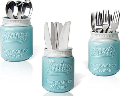 Wide Mouth Mason Jar Utensil Holder Decorative Kitchenware Organizer Crock, Chip Resistant Ceramic, Dishwasher Safe - Kitchen Caddy Aqua Blue For Countertop, Large Size 7" High