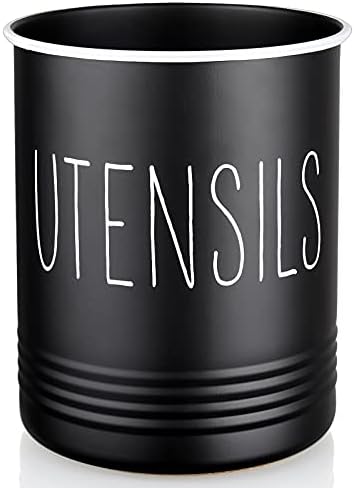  Kitchen Utensil Holder, 6.7" Utensil Holder For Kitchen Counter, Cooking Utensil Crock With Cork Bottom, Modern Farmhouse Kitchen Decor, Countertop Utensil Storage Caddy Organizer, Black