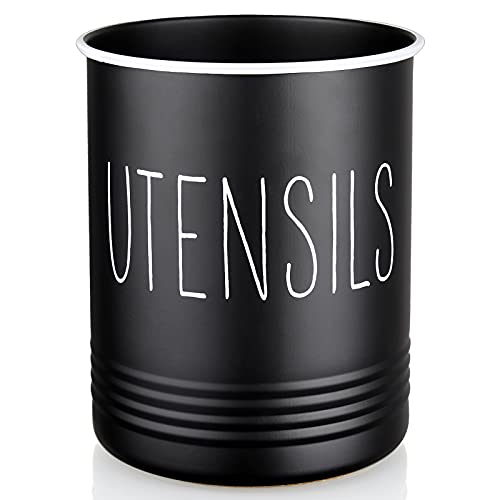  Kitchen Utensil Holder, 6.7" Utensil Holder For Kitchen Counter, Cooking Utensil Crock With Cork Bottom, Modern Farmhouse Kitchen Decor, Countertop Utensil Storage Caddy Organizer, Black