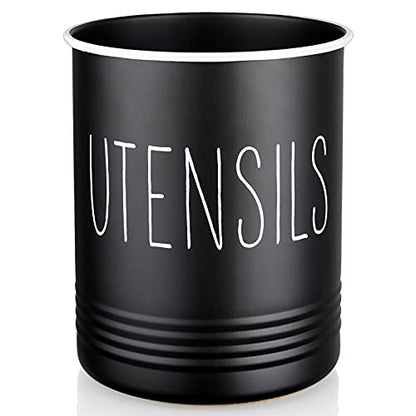  Kitchen Utensil Holder, 6.7" Utensil Holder For Kitchen Counter, Cooking Utensil Crock With Cork Bottom, Modern Farmhouse Kitchen Decor, Countertop Utensil Storage Caddy Organizer, Black