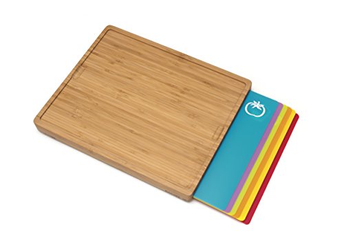  Bamboo Wood Cutting Board With 6 Colored Poly Inlay Mats, 16" X 13-1/8" X 1-5/8"