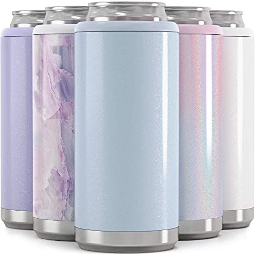  Skinny Can Cooler For Slim Beer & Hard Seltzer | Stainless Steel 12oz Sleeve, Double Wall Vacuum Insulated Drink Holder - Glitter Lilac