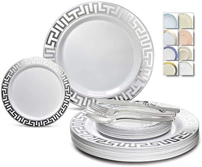  " OCCASIONS " 600 Pcs Set & 120 Guest Wedding Disposable Plastic Plate & Silverware Combo Set (White & Silver Rim Plates, Silver Silverware)