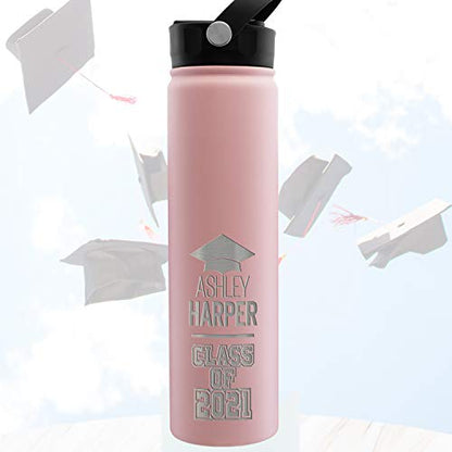  Graduation Gifts, Water Bottle Personalized With Straw Lid - 24 Oz - Pink | Custom Water Bottle W Text - Insulated Double Wall - High School, College, Class Of 2023 | 9 Color - Congrats Grad