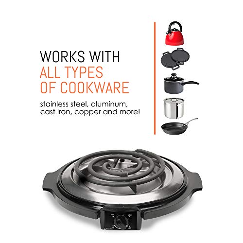  SB-300X Single Countertop Coiled Burner, 1000 Watts Electric Hot Plate, Temperature Controls, Power Indicator Lights, Easy To Clean, Black