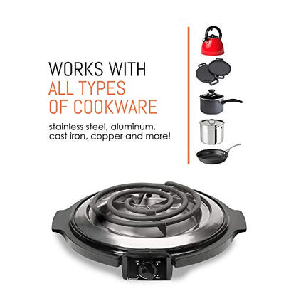  SB-300X Single Countertop Coiled Burner, 1000 Watts Electric Hot Plate, Temperature Controls, Power Indicator Lights, Easy To Clean, Black