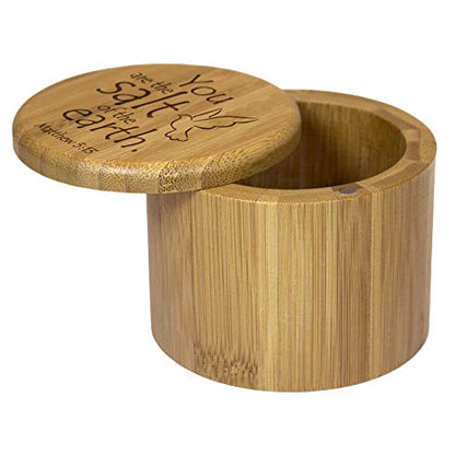  Salt Cellar Bamboo Storage Box With Magnetic Swivel Lid, 6 Ounce Capacity, You Are The Salt Of The Earth Matthew 5:13 Engraved On Lid