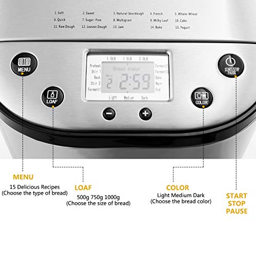  COSTWAY 2 LB Bread Maker Automatic Programmable Multifunctional Bread Machine With 15 Programs, 3 Loaf Sizes, 3 Crust Colors, 15 Hours Delay Timer, 1 Hour Keep Warm (15 Programs 710W)