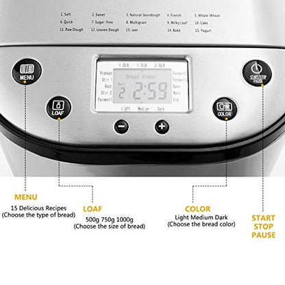  COSTWAY 2 LB Bread Maker Automatic Programmable Multifunctional Bread Machine With 15 Programs, 3 Loaf Sizes, 3 Crust Colors, 15 Hours Delay Timer, 1 Hour Keep Warm (15 Programs 710W)