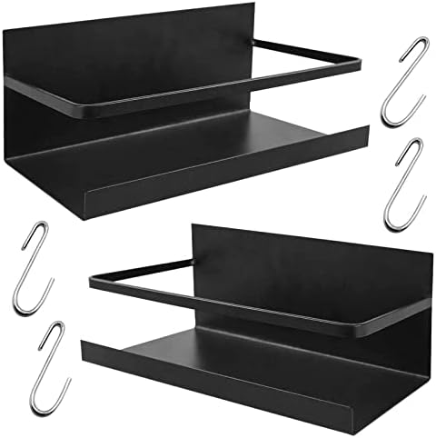  FEULAM Magnetic Spice Rack Organizer, Magnetic Shelf For Refrigerator, Magnetic Spice Rack For Refrigerator With 2 Hooks, Space Saving Magnetic Fridge Spice Rack Black