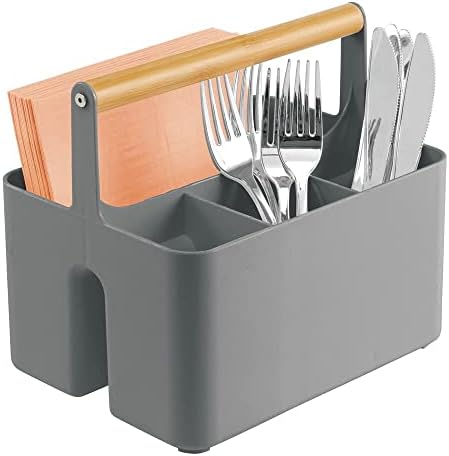  MDesign Plastic Portable Storage Organizer Kitchen Caddy Tote, Divided Bin With Wood Handle For Napkins, Silverware, Forks, Knives, Spoons - Store In Cabinets, Countertops - Charcoal Gray/Natural
