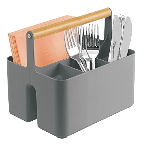  MDesign Plastic Portable Storage Organizer Kitchen Caddy Tote, Divided Bin With Wood Handle For Napkins, Silverware, Forks, Knives, Spoons - Store In Cabinets, Countertops - Charcoal Gray/Natural