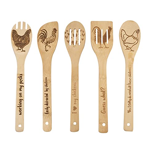  Rooster Wooden Cooking Spoons Set Of 5,Rooster Gift,Chicken Lovers Gifts,Rooster Kitchen Decor,Bamboo Cooking Spoons Farmhouse Housewarming Wedding Mom Cooking Mother's Day Gift Father's Day Gift