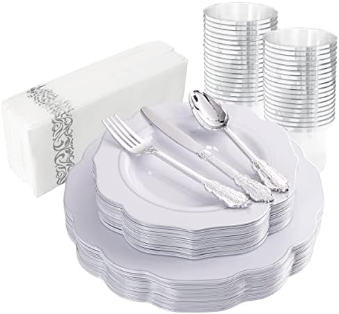  175PCS Pink Plastic Plates With Gold Disposable Silverware-Include 50 Plates 25Knives 25Forks 25Spoons 25Cups And 25Napkins-Ideal For Wedding, Party, Shower&Mother’s Day