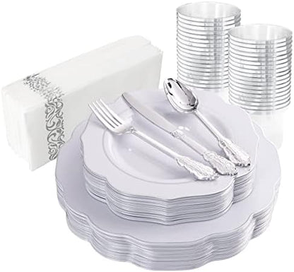  175PCS Pink Plastic Plates With Gold Disposable Silverware-Include 50 Plates 25Knives 25Forks 25Spoons 25Cups And 25Napkins-Ideal For Wedding, Party, Shower&Mother’s Day