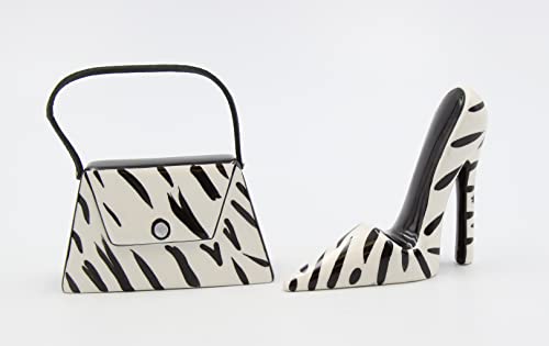  SS-CG-62807 Black And White Zebra Print Purse And Heel Salt And Pepper, 3 1/2" X 1 1/8" X 2 5/8"H