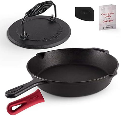  Ast Iron Skillet + Grill Press + Scraper Set - 10"-inch Pre-Seasoned Frying Pan + Silicone Handle Grip - 7" Round Burger Smasher - Indoor/Outdoor, Stove, Oven, Grill, Induction Safe Kitchen Cookware