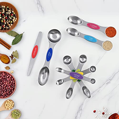  Measuring Spoons, 8 Sets Magnetic Measuring Spoons Dual Sided Stainless Steel Measuring Spoons Stackable Nesting Tablespoon Teaspoon, Fits In Spice Jars, For Dry Or Liquid Ingredients (Rainbow)