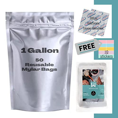  50 Freeze Dryer Mylar Bags For Food Storage 1 Gallon With 50 Oxygen Absorbers - Smell Proof Containers Resealable Bags, Reusable Storage Bags, Heat Seal Bags, Ziplock Bag, Food Bag, 3