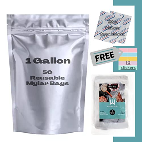  50 Freeze Dryer Mylar Bags For Food Storage 1 Gallon With 50 Oxygen Absorbers - Smell Proof Containers Resealable Bags, Reusable Storage Bags, Heat Seal Bags, Ziplock Bag, Food Bag, 3