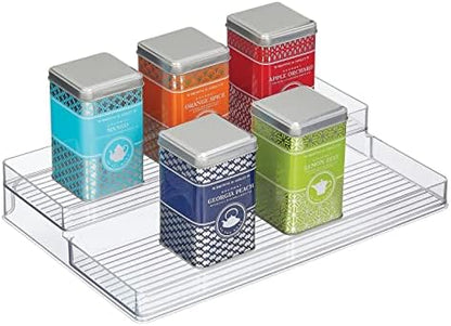  MDesign Plastic Kitchen Food Storage Organizer Shelves, Spice Rack Holder For Cabinet, Cupboard, Countertop, Pantry - Holds Jars, Baking Supplies, Canned Food - 2 Levels - Clear