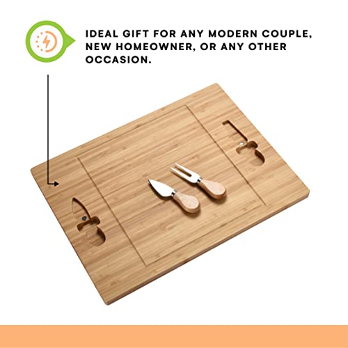  Bamboo Wooden Cheese Board With Knife & Fork Set - Charcuterie Board, Cheeseboard Knife Utensil Set - Wooden Serving Tray Platter - Ideal Wedding Or Housewarming Gift