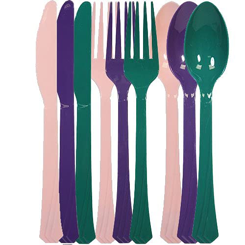  72-Pack Plastic Cutlery Set Heavy Duty Colored Plastic Silverware Set Includes 24 Forks, 24 Teaspoons, And 24 Knives In Lime Green, Island Blue And Pearl…