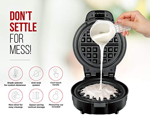 Anti-Overflow Belgian Waffle Maker W/Shade Selector, Temperature Control Mess Free Moat, Round WaffleIron W/Nonstick Plates & Cool Touch Handle, Measuring Cup Included, Black