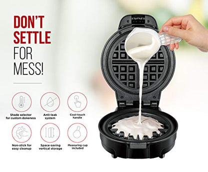  Anti-Overflow Belgian Waffle Maker W/Shade Selector, Temperature Control Mess Free Moat, Round WaffleIron W/Nonstick Plates & Cool Touch Handle, Measuring Cup Included, Black