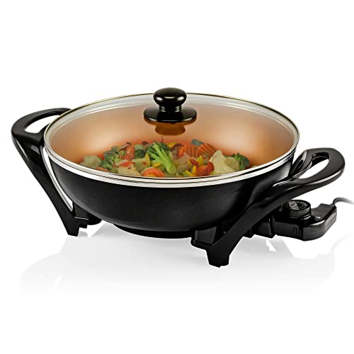  Vente Electric Skillet With Nonstick Coating And Glass Lid, 13 Inch Portable Kitchen Countertop Cooking Wok, Adjustable Temperature Control, Cool Touch Handle, Easy To Use And Clean, Copper SK3113CO