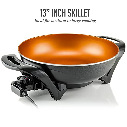  Vente Electric Skillet With Nonstick Coating And Glass Lid, 13 Inch Portable Kitchen Countertop Cooking Wok, Adjustable Temperature Control, Cool Touch Handle, Easy To Use And Clean, Copper SK3113CO