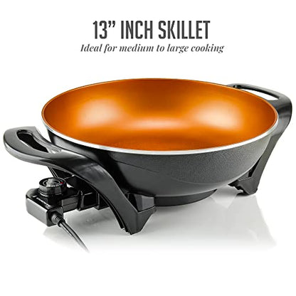  Vente Electric Skillet With Nonstick Coating And Glass Lid, 13 Inch Portable Kitchen Countertop Cooking Wok, Adjustable Temperature Control, Cool Touch Handle, Easy To Use And Clean, Copper SK3113CO