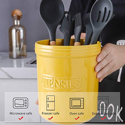  KOOV Cooking Utensil Holder, Large Ceramic Utensil Crock, Deep And Stable, Utensil Caddy For Countertop Letter Series (Yellow)