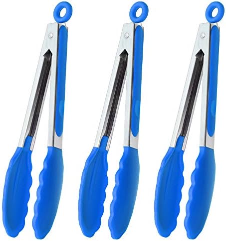  9-Inch Stainless Steel Cooking Tongs With Silicone Tips, Set Of 3 (Black)
