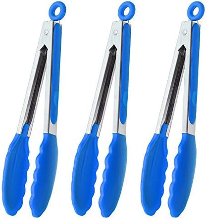  9-Inch Stainless Steel Cooking Tongs With Silicone Tips, Set Of 3 (Black)