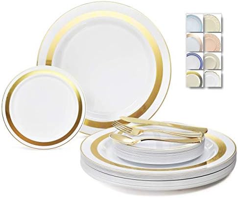  " OCCASIONS " 600 Pcs Set & 120 Guest Wedding Disposable Plastic Plate & Silverware Combo Set (Ivory & Gold Rim Plates, Gold Silverware)