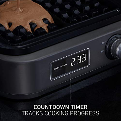  Intellicrisp Belgian Waffle Maker With LED Display Timer And Ceramic Cooking Plates, Makes 2 Waffles, Dark Stainless Steel