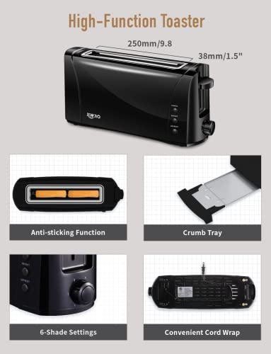  Long Slot Toaster 2 Slice Best Toaster 2 Slice Wide Slot, Vintage Black Toaster With Defrost/Reheat/Cancel/6 Bread Shade Settings/Removable Crumb Tray For Waffles Bagels, Easy To Use, 1000w