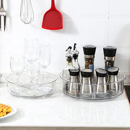  2 Pack Round Plastic Rotating Turntable Organizers -Clear Lazy Susan Organizer Container Bins For Cabinet, Pantry, Fridge, Countertop, Kitchen, Vanity - Spinning Organizer For Spices, Condiments