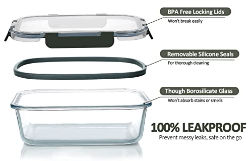  [5-Packs, 36 Oz. Glass Meal Prep Containers With Lifetime Lasting Snap Locking Lids Glass Food Containers,Airtight Lunch Container,Microwave, Oven, Freezer And Dishwasher (4.5 Cup)